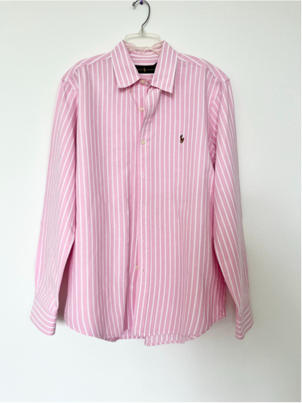 Ralph Lauren Mens L Pink White Striped Long Sleeve Button Up Pony Logo Shirt